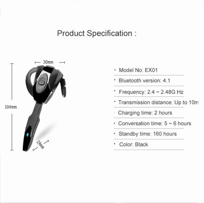 ex-01 Bluetooth 4.1 Business Hanging Ear Bluetooth Earphone(Black) - Bluetooth Earphone by buy2fix | Online Shopping UK | buy2fix