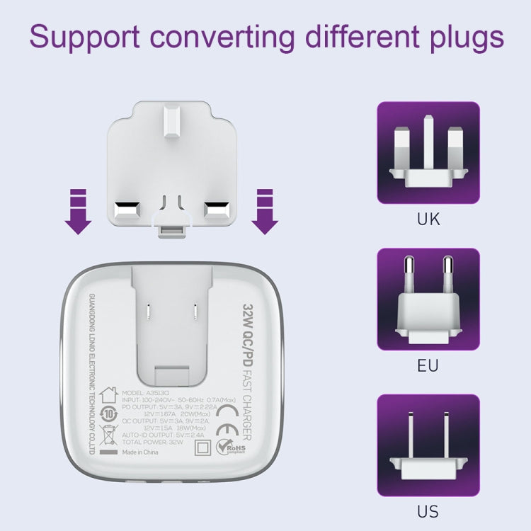 LDNIO A3513Q 32W QC3.0 3 USB Ports Phone Adapter UK Plug with Type-C Cable - USB Charger by LDNIO | Online Shopping UK | buy2fix