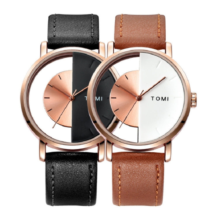 TOMI T080 Hollow Design Half See-through Unisex Quartz Watch(White Face Silver Shell Brown Strap) - Leather Strap Watches by buy2fix | Online Shopping UK | buy2fix