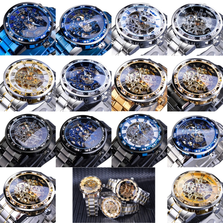 Winner Leisure Skeleton Diamond Luminous Pointer Watch Men Manual Mechanical Watch(Silver Belt Blue Circle Blue Face) - Metal Strap Watches by Winner | Online Shopping UK | buy2fix