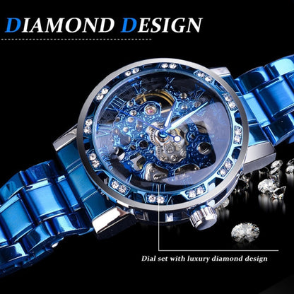 Winner Leisure Skeleton Diamond Luminous Pointer Watch Men Manual Mechanical Watch(Black Belt Black Shell Blue Face) - Metal Strap Watches by Winner | Online Shopping UK | buy2fix