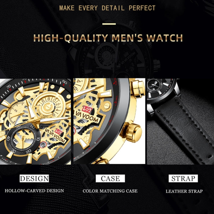 VAVA VOOM 2311P-JH2 Black Shell Belt Men Waterproof Sports Luminous Calendar Casual Quartz Hollow Watch - Sport Watches by VAVA VOOM | Online Shopping UK | buy2fix