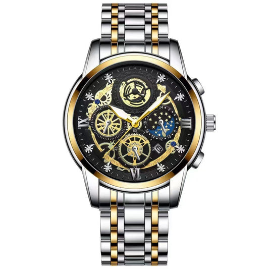 BINBOND 4010 Multifunctional Waterproof Hollowed Luminous Quartz Watch(Inter-gold Black Surface) - Metal Strap Watches by BINBOND | Online Shopping UK | buy2fix