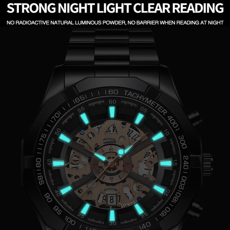 BINBOND S033 Hollowed Mechanical 30m Waterproof Luminous Quartz Watch, Color: White Steel-Black - Metal Strap Watches by BINBOND | Online Shopping UK | buy2fix