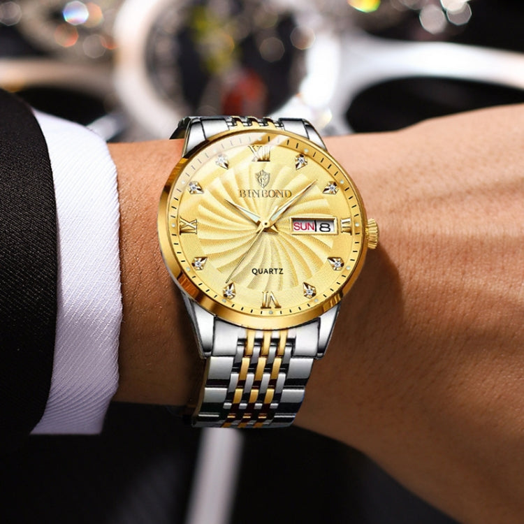 BINBOND B3034 Diamond 30m Waterproof Business Watch Men's Butterfly Buckle Luminous Quartz Watch(Inter-gold-White) - Metal Strap Watches by BINBOND | Online Shopping UK | buy2fix