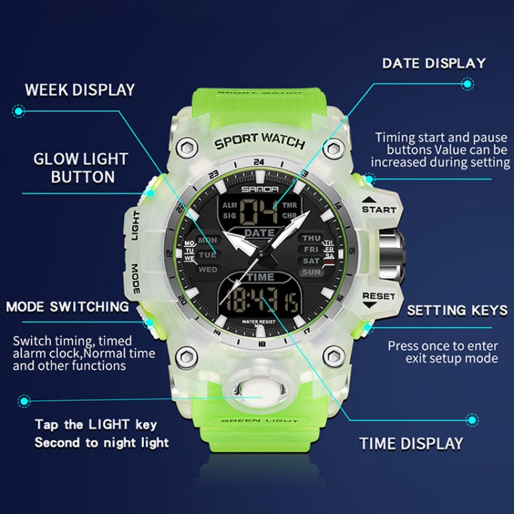 SANDA Green Light Alarm Clock Multifunctional Waterproof Shockproof Transparent Watch(Black) - Silicone Strap Watches by SANDA | Online Shopping UK | buy2fix