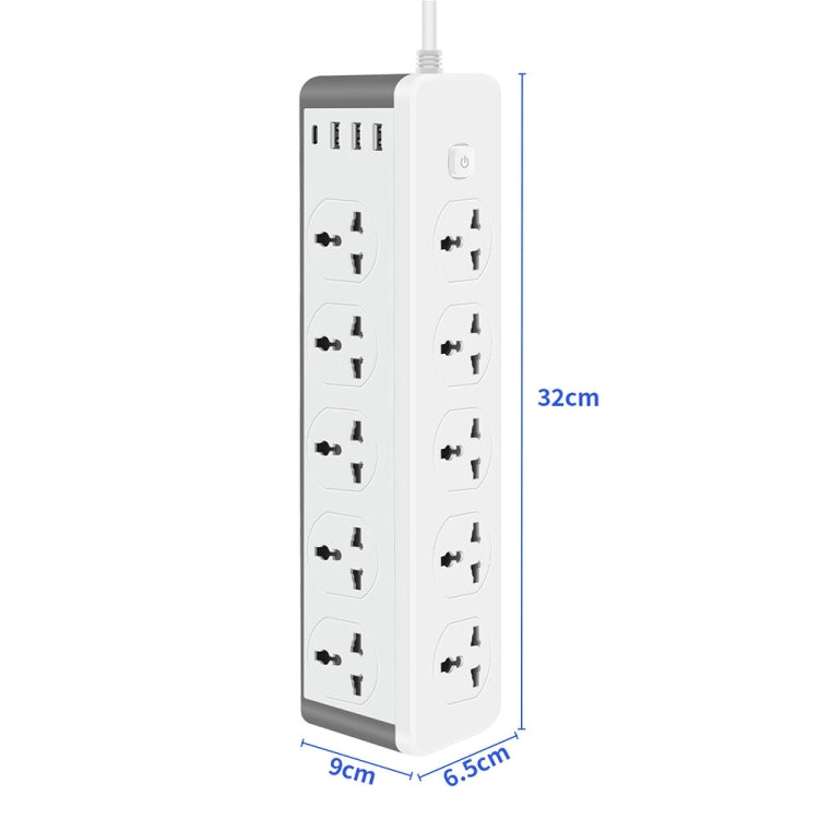 D15 2m 3000W 10 Plugs + PD + 3-USB Ports Vertical Socket With Switch, Specification: Two-pin US Plug - Extension Socket by buy2fix | Online Shopping UK | buy2fix