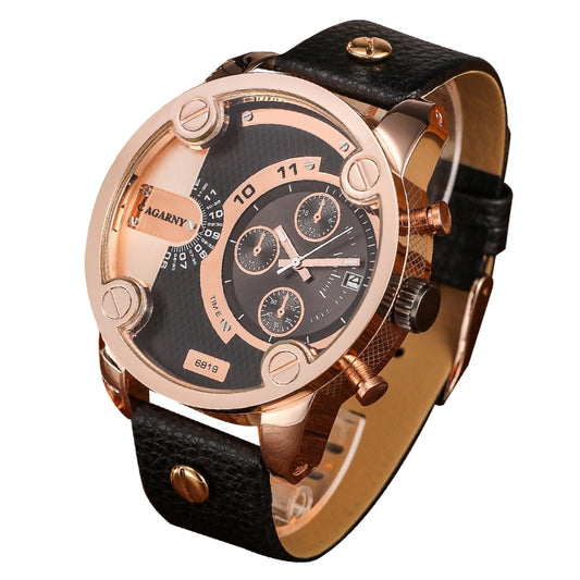 CAGARNY 6819 Fashionable Multifunctional Dual Time Zone Quartz Business Sport Wrist Watch with Leather Band & GMT Time & Calendar & Luminous Display for Men(Rose Gold Case) - Leather Strap Watches by CAGARNY | Online Shopping UK | buy2fix